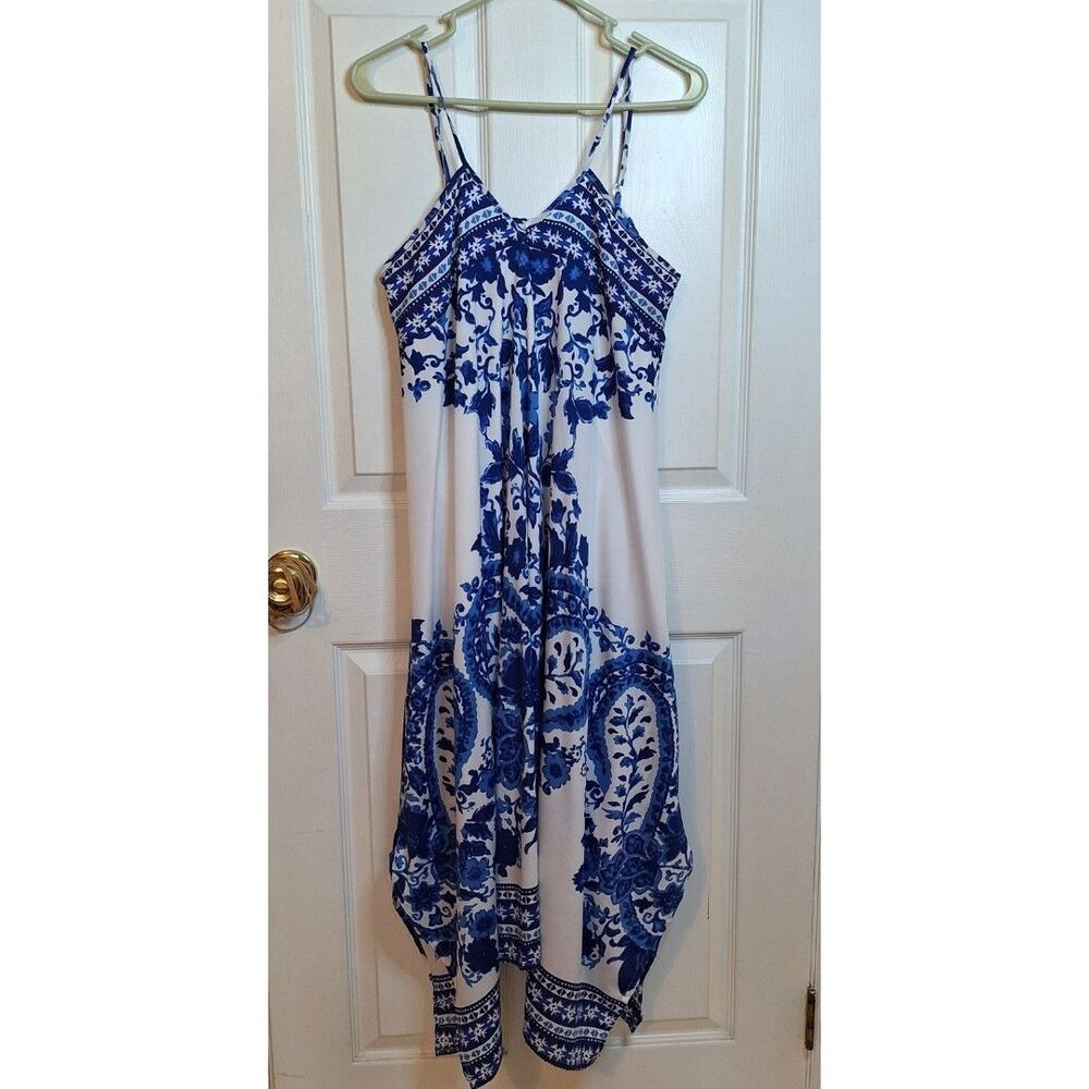 Cato Blue White Paisley Handkerchief Midi Trapeze Dress V Neck Bohemian Size S